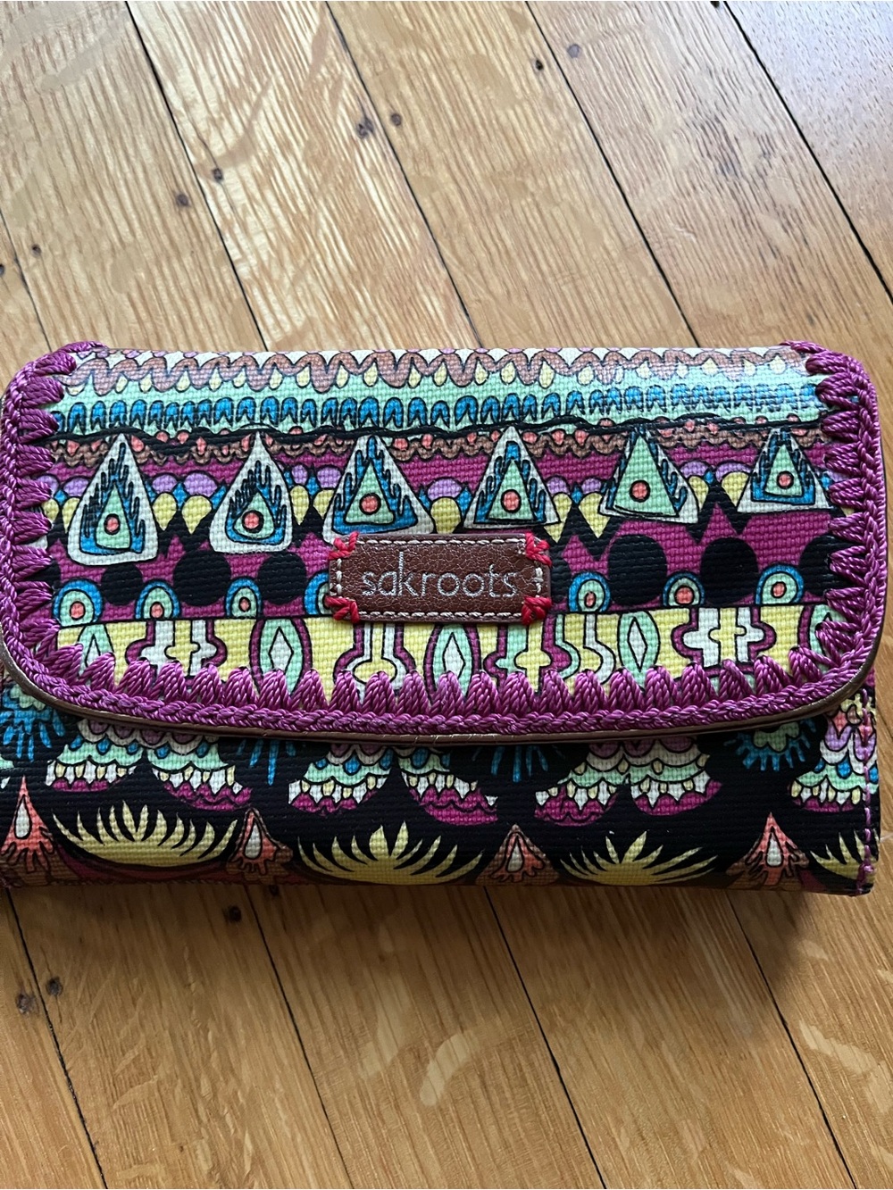 Sakroots Artist Circle Patterned Fold Wallet in Purple, Yellow, Blue